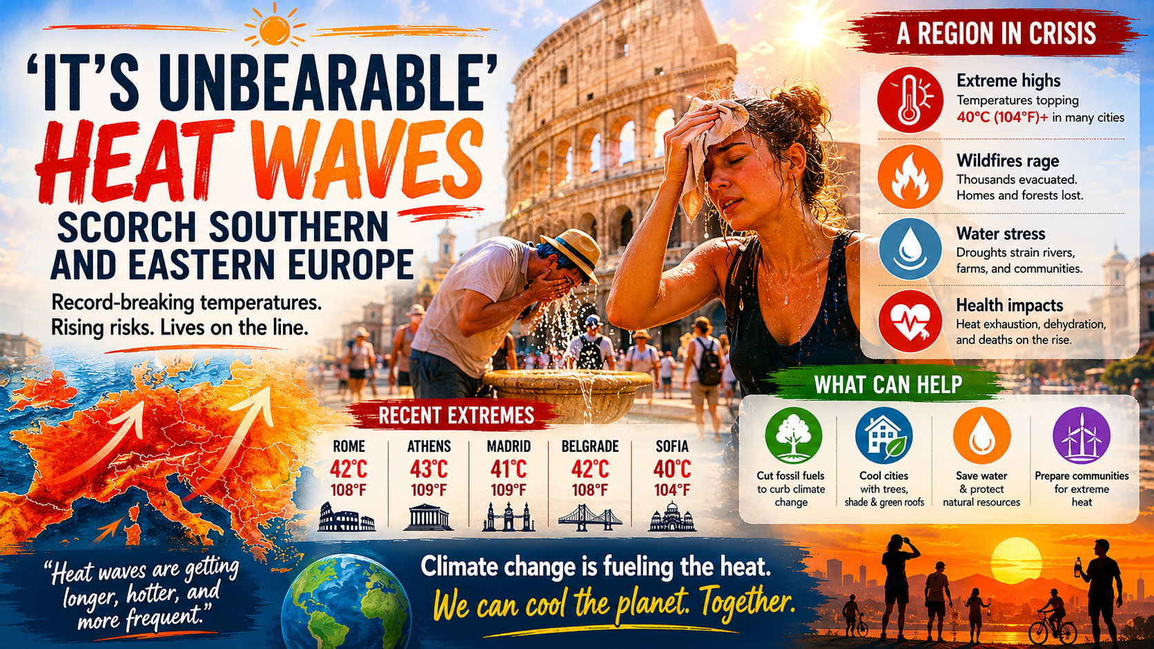 ‘It’s unbearable’: heat waves scorch southern and eastern Europe