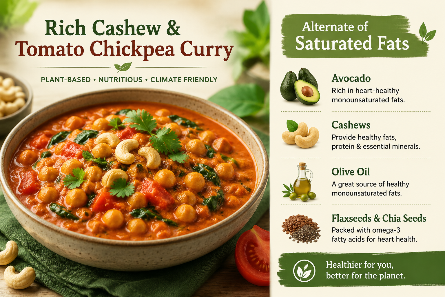 Rich Cashew & Tomato Chickpea Curry + Alternate of Saturated Fats