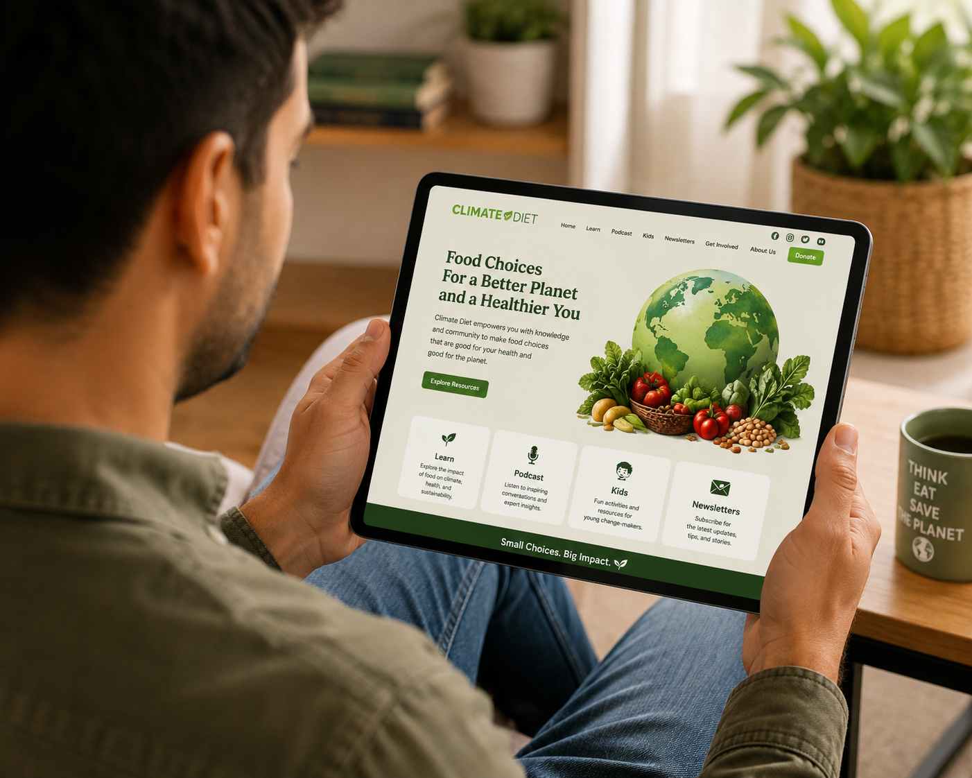 A child and adult reading educational climate and nutrition materials together