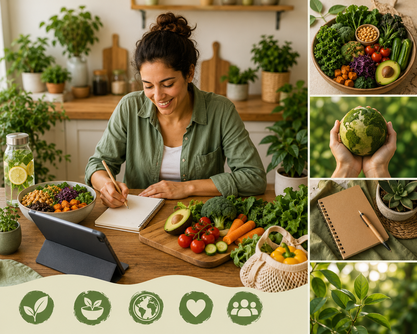 Everyday sustainable living choices, from reusable bags to fresh produce