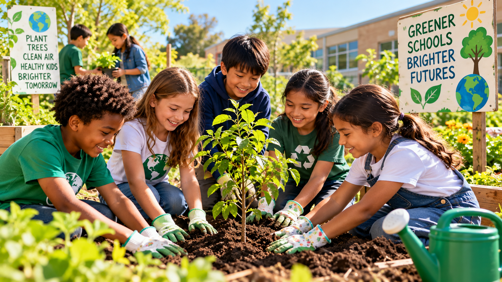 Children planting trees together